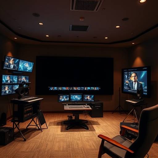 A film editing suite with a large screen showing a timeline and editing software
