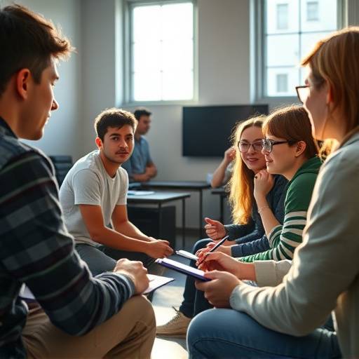 A group of students engaged in a screenwriting discussion during a workshop