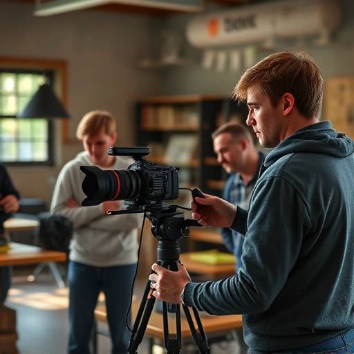 A group of students learning camera operations and lighting from a cinematographer