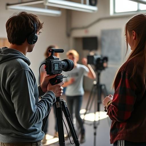 Students directing a scene on a mock film set during a workshop